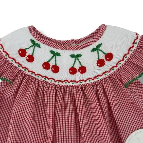 Edgehill Collection Cherry Embroidered Smocked Gingham Checked Dress Sz Newborn - Picture 2 of 5
